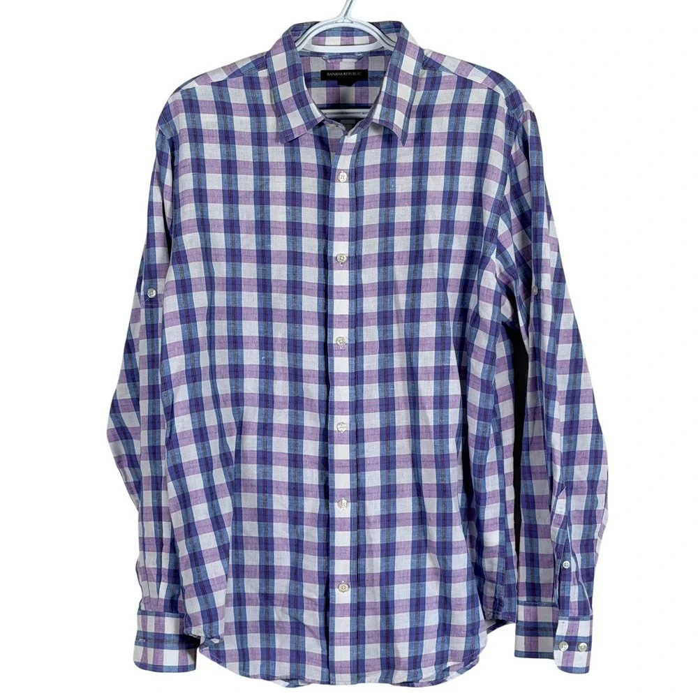 Banana Republic Linen Blend Button Up Shirt Mens L Purple Plaid Roll Tab Sleeve